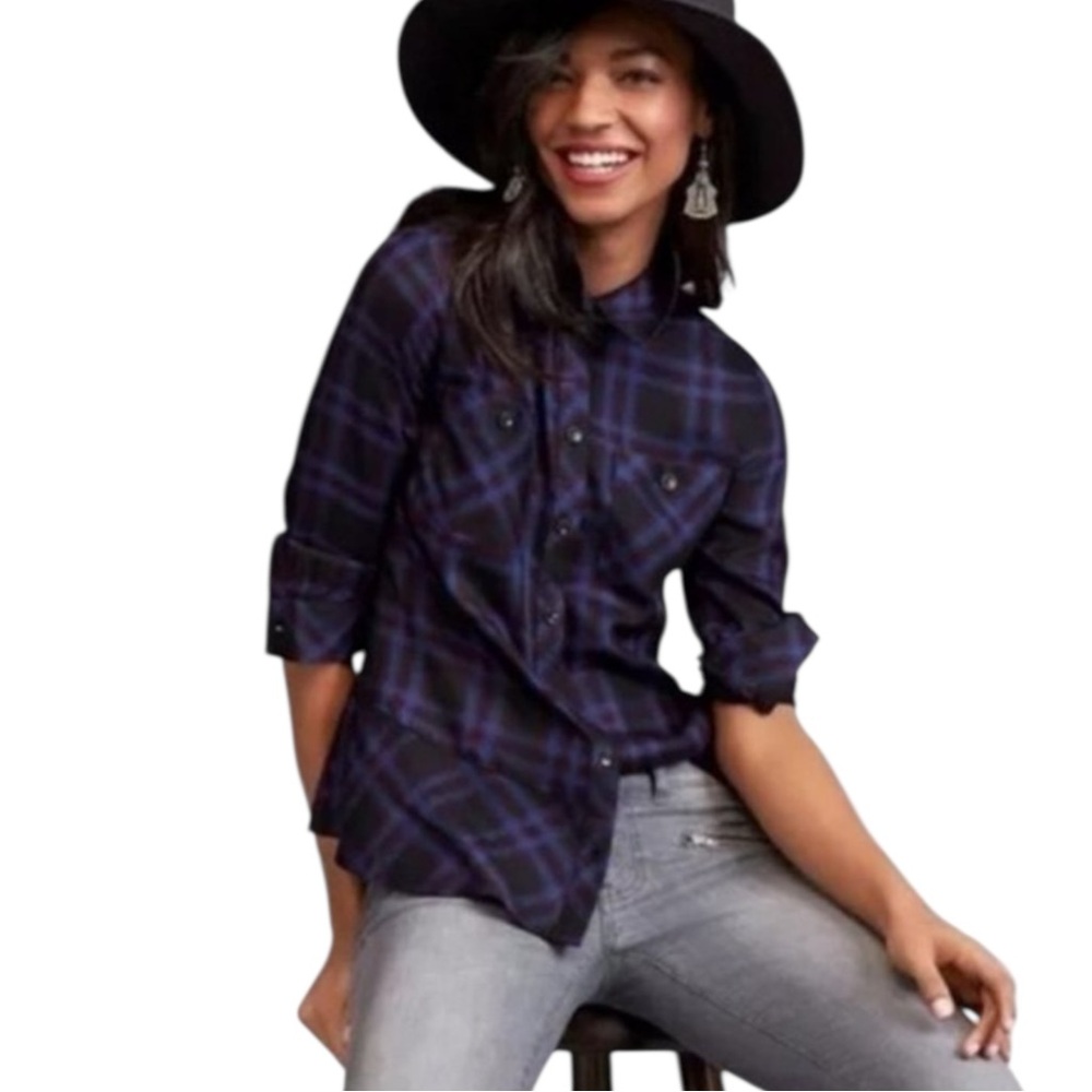 CAbi Moody Plaid Peplum Button-Up Shirt in Black/Navy Blue/Burgundy Size Small